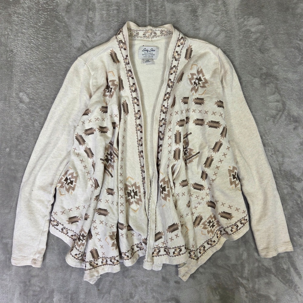 Lucky Lotus Lucky Brand Cream Southwestern Embroidered Cotton Cardigan XS Pocket